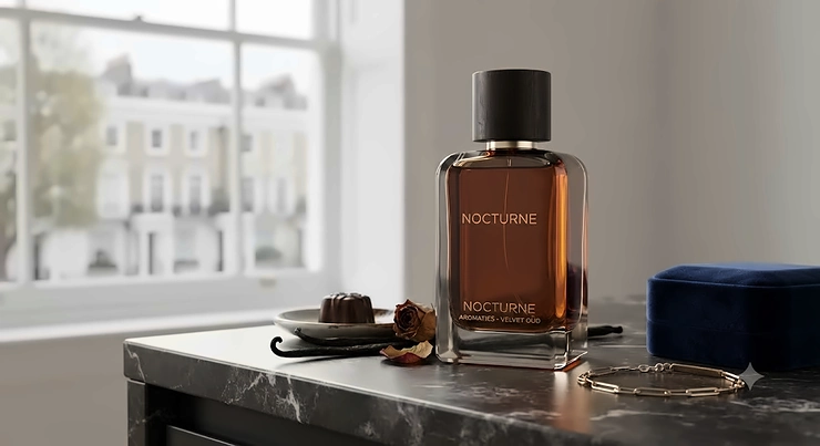 A luxury glass perfume bottle resting on a dark marble surface, showcasing a sultry fragrance for women with warm amber tones. sultry fragrance for women