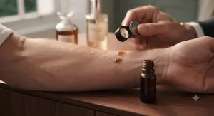 A fragrance expert testing notes from a bottle of seductive cologne for men on skin.