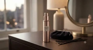 A compact travel-sized eau de parfum spray bottle ideal for carrying in a handbag for evening touch-ups.