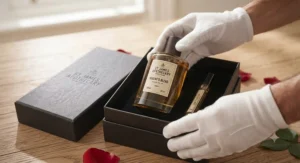 Unboxing a beautifully packaged bottle of affordable romantic cologne purchased from a UK retailer.