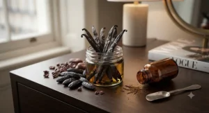 Flat lay arrangement of organic vanilla pods and tonka beans used in rich evening fragrances.