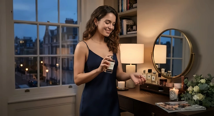 A luxury amber and warm vanilla perfume bottle styled for evenings against a moody, soft-lit background. warm vanilla perfume for evenings