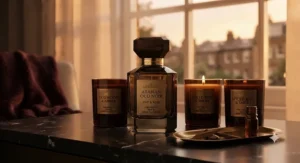 A cosy indoor setting with scented candles and a warm, inviting bottle of rich oriental perfume ideal for chilly evenings.