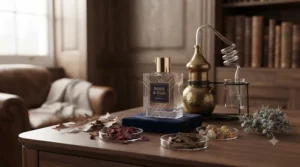 Warm and woody perfume bottle styled with winter foliage, perfect for a black-tie gala during the British winter season.