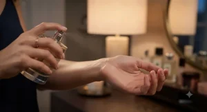 Close-up of a person gracefully applying a warm vanilla evening perfume to their pulse points.