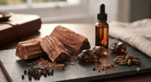 Close-up of raw cedarwood and amber resin ingredients used in long-lasting seductive cologne for men.