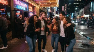 Friends laughing outside a lively neon-lit nightclub entrance while discussing their affordable party perfume under £40.