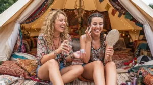 Getting festival-ready inside a glamping tent with friends and an affordable party perfume under £40.