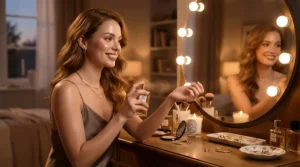 A stylish young woman applying an affordable party perfume under £40 in front of a warm lit vanity mirror before a night out.