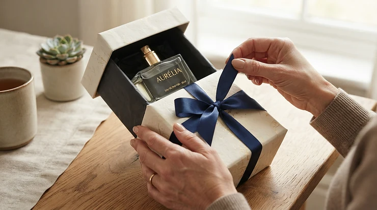 Unboxing a wrapped present that reveals an affordable party perfume under £40 for a birthday celebration.