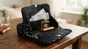 An affordable party perfume under £40 sitting neatly inside a sequinned evening bag alongside lipstick and keys.