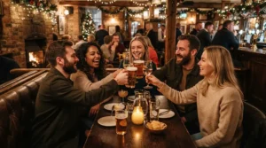 A friendly group toasting drinks in a cosy British pub booth, showcasing an affordable party perfume under £40 on the table.