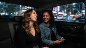 Two friends freshening up with an affordable party perfume under £40 in the back of a dimly lit taxi at night.