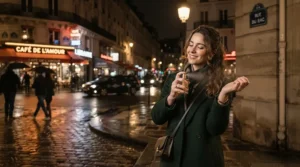 A woman spritzing bold evening perfume for women on her wrist outdoors during a crisp autumn evening in the city