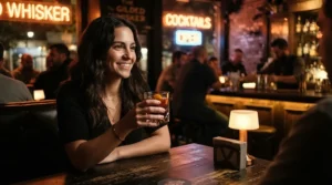 A glamorous woman holding a cocktail while wearing a signature bold evening perfume for women in a moody cocktail lounge