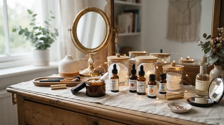 A luxurious vanity setup featuring a sophisticated bottle of bold evening perfume for women beside warm fairy lights