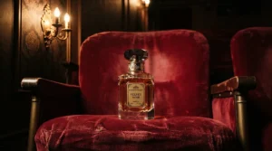 A close-up of a glamorous bottle of bold evening perfume for women resting on a velvet theatre seat in the West End