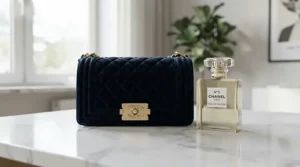 A designer velvet evening bag paired with a bottle of bold evening perfume for women on a polished marble vanity