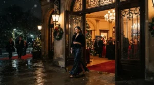 An elegant guest wearing a warm wool coat and a hint of bold evening perfume for women arriving at a winter charity ball