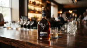 A sleek bottle of club fragrance for men resting on a polished dark wood cocktail bar with glowing spirits