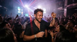Man wearing a long-lasting club fragrance for men surrounded by flashing strobe lights on a crowded dancefloor