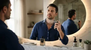 Man getting ready for a night out by spraying a signature club fragrance for men in a modern apartment