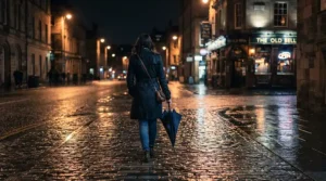 Man stepping out into the cool midnight air, highlighting the lingering sillage of his club fragrance for men