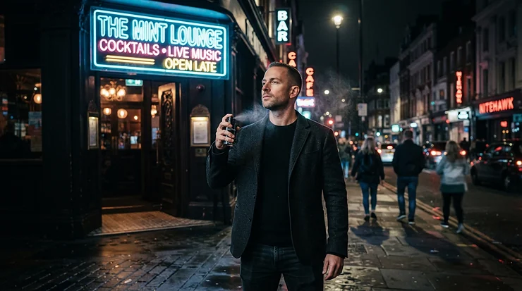 A stylish man applying a club fragrance for men outside a bustling British nightclub under neon lights