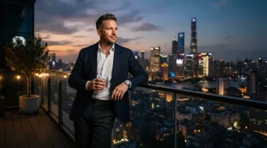 Gentleman wearing a powerful club fragrance for men during an evening social event on a city rooftop terrace