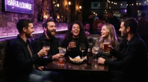 Friends relaxing in a VIP lounge area while testing a premium club fragrance for men