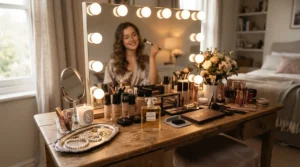 A woman selecting her signature cocktail party fragrance for easy mingling during a busy social evening.