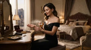 Adding the finishing touch to party attire with a spritz of a luxurious cocktail party fragrance.