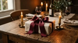 A romantic formal fragrance gift set wrapped with a silk ribbon for a special anniversary celebration