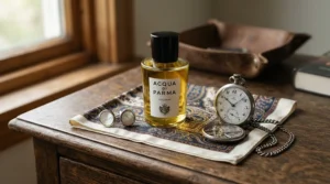 A smart formal fragrance gift set laid out alongside race day accessories like cufflinks and a pocket watch