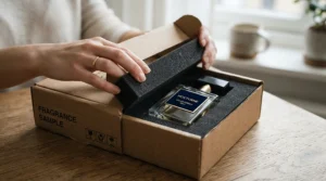 A premium formal fragrance gift set shown during an unboxing experience with embossed tissue paper