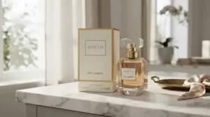 A luxury formal fragrance gift set arranged on a marble hotel vanity table on a wedding morning