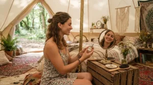 Getting ready in a luxury bell tent with a favourite perfume for festival or party season