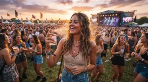 A stylish festival-goer applying a perfume for festival or party season amidst a bustling Somerset music field