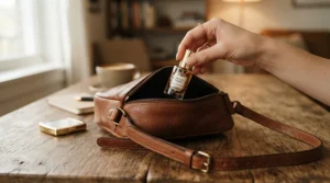 A compact travel-ready perfume for festival or party season tucked securely into a crossbody handbag