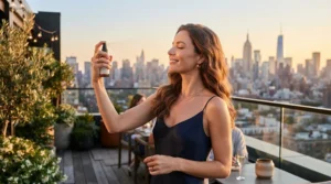 Applying a long-wear perfume for festival or party season before a vibrant London rooftop party