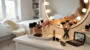 A travel size perfume for parties sits beside makeup on a dressing table before a night out.