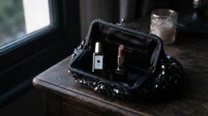 A sparkling clutch bag holding a travel size perfume for parties and a tube of lipstick.