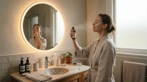 Applying a travel size perfume for parties inside a dimly lit nightclub lounge restroom mirror.