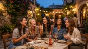 Using a travel size perfume for parties outdoors during a lively summer evening pub gathering.