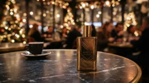 A stylish purse atomiser used as a travel size perfume for parties on a restaurant table.