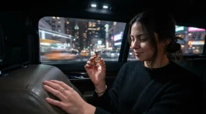 A quick fragrance refresh using a travel size perfume for parties in the back of a black cab.
