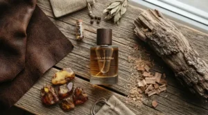 An artistic flat lay showcasing bold neutral notes typical of a sophisticated night out scent