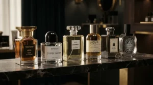 Curated shelf of shared night out perfume picks inside an independent London fragrance boutique