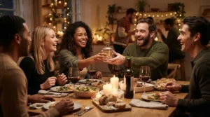 Guests admiring a unique unisex night out fragrance at an atmospheric London dinner party