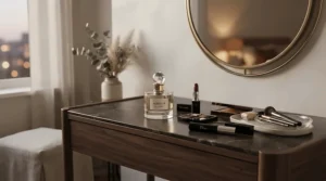A sleek vanity table featuring niche unisex fragrance houses for an upcoming evening out